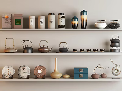 Decorative Ornament Set Featuring Ceramic Teapots Vases And Boxes On Display Shelves 3d model