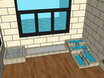 Garden Ornaments With Stone Structures Water Features And Shallow Troughs By Window On Wooden Floor 3d model