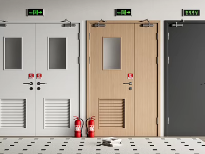 White Light Brown Dark Gray Doors With Exit Signs Red Fire Extinguishers And Checkerboard Floor 3d model