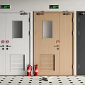 White Light Brown Dark Gray Doors With Exit Signs Red Fire Extinguishers And Checkerboard Floor