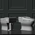 Two Modern White Toilets With Sleek Design In Bathroom With Decorative Paneled Wall