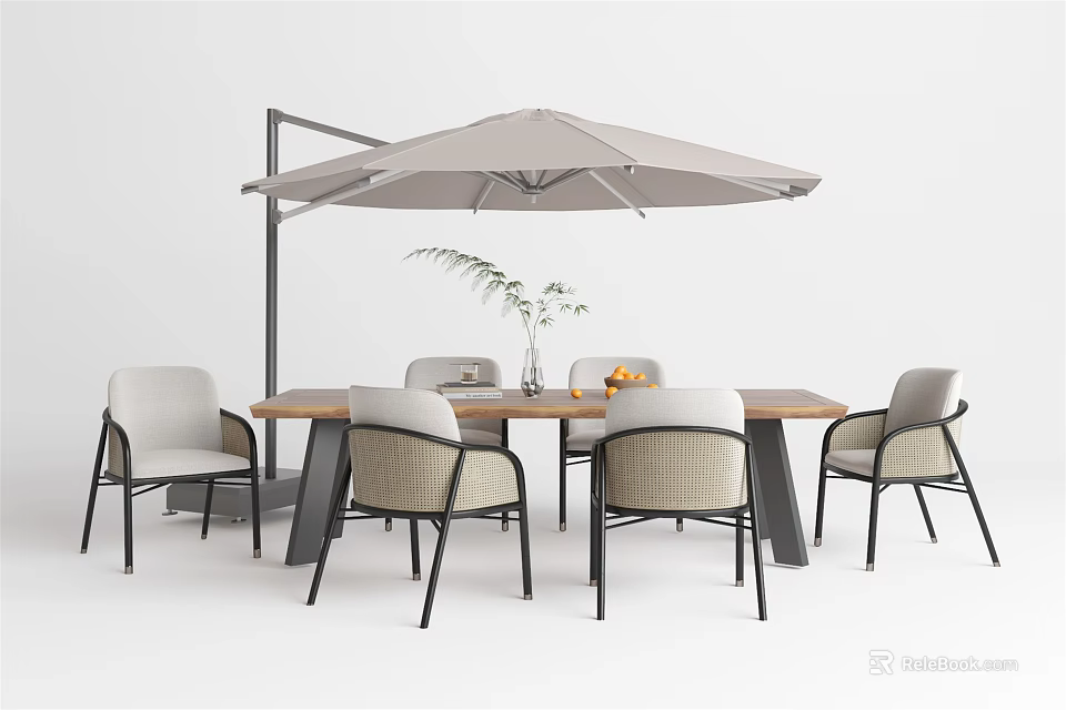 Modern Wooden Outdoor Table With Umbrella Chairs And Tabletop Vase Plants 3d model 