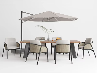 Modern Wooden Outdoor Table With Umbrella Chairs And Tabletop Vase Plants 3d model
