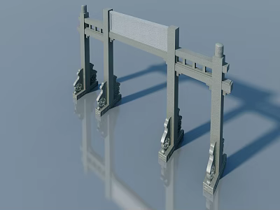 Traditional Chinese Stone Swing Door With Carved Pillars And Decorative Frame 3d model