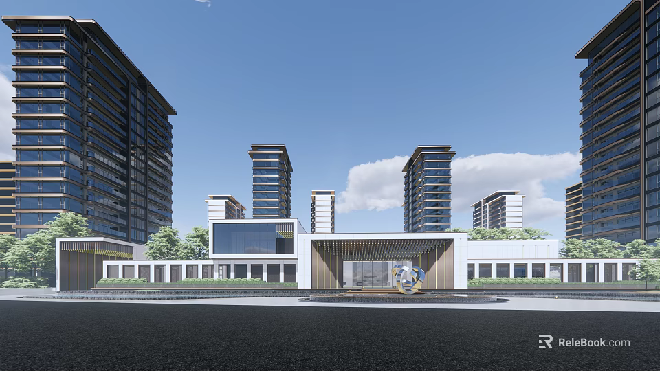 Modern High-Rise Residential Buildings Exterior Design With Greenery Blue Sky And White Clouds 3d model 