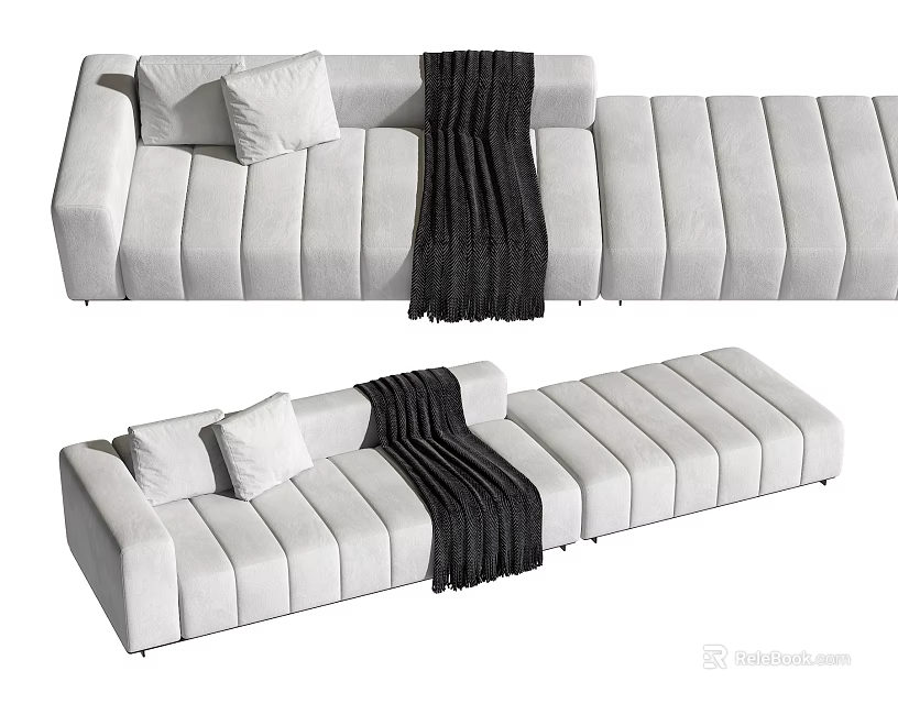 White Striped Sectional Sofa with Pillows and Black Throw Blanket 3d model