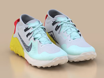 Light Blue Gray Running Shoes With Yellow Sole Red Heel And Mesh Upper Design 3d model