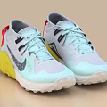 Light Blue Gray Running Shoes With Yellow Sole Red Heel And Mesh Upper Design