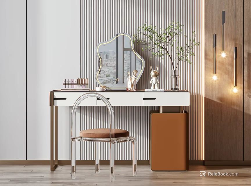 Stylish Vanity Table With Geometric Mirror Clear Chair And Hanging Pendant Lights 3d model 