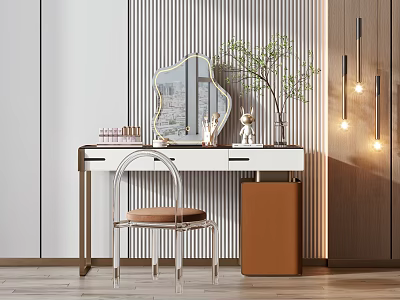 Stylish Vanity Table With Geometric Mirror Clear Chair And Hanging Pendant Lights 3d model