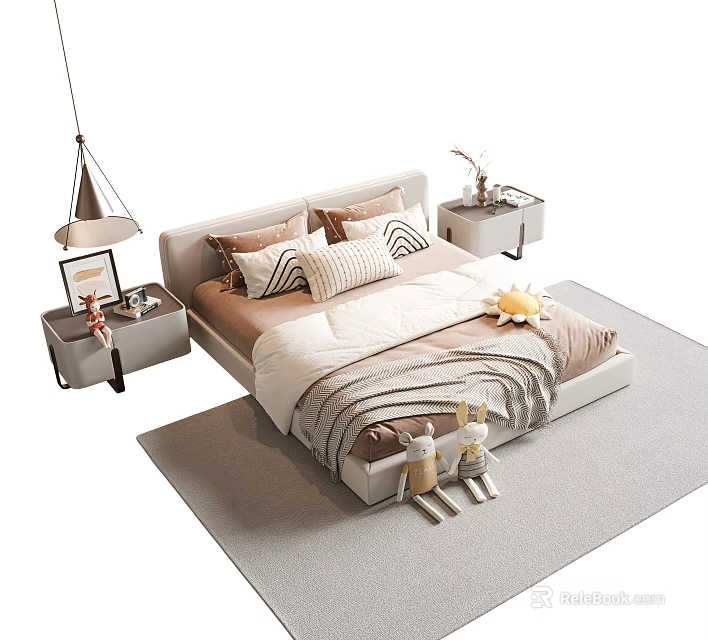 Cozy Kids Bed with Soft Pillows Quilt Nightstand Rabbit Toys and Hanging Lamp 3d model 