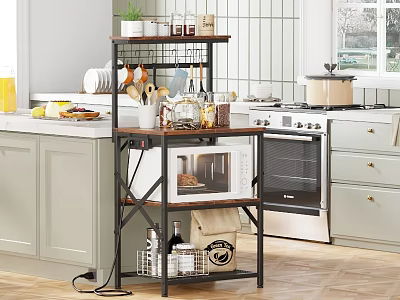 Kitchen Storage Rack with Microwave Spices Dishes and Plant in Modern Kitchen 3d model