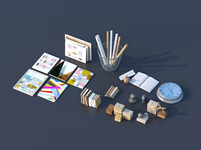 Open Books And Magazines With Stacked Volumes Pencils In Holder Wooden Blocks And Clock 3d model