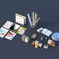 Open Books And Magazines With Stacked Volumes Pencils In Holder Wooden Blocks And Clock