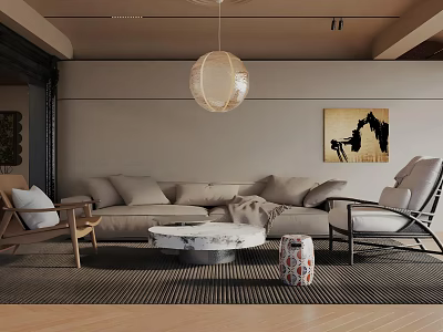 Modern Living Room Interior With Beige Sofa Pendant Light Coffee Table Rug And Accent Chair 3d model