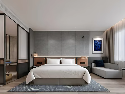 Modern Hotel Guest Room With King Bed Gray Wall Sofa And Area Rug 3d model