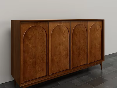 Wooden Storage Cabinet With Arched Doors Against Wall On Grey Floor 3d model