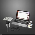 Laptop on Desk with Mouse Notebook Coffee Cup Sunglasses and Smartphone