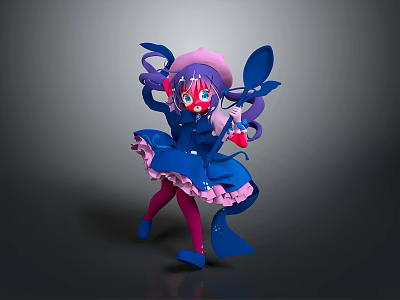 Anime Style Woman With Purple Hair Pink Hat Blue Butterfly Red Eyes And Blue Dress 3d model