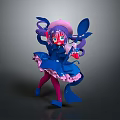 Anime Style Woman With Purple Hair Pink Hat Blue Butterfly Red Eyes And Blue Dress