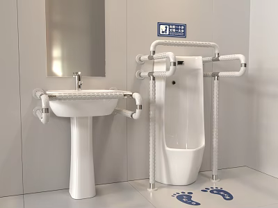 Accessible Bathroom Urinal With Grab Bars Sink And Floor Footprints Design 3d model