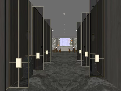 Modern Hotel Corridor With Dark Paneled Walls Wall Lights And Polished Marble Floor 3d model