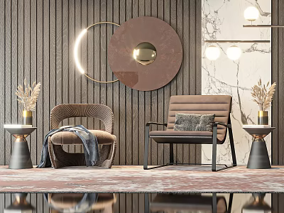 Elegant Accent Chairs With Woven And Upholstered Designs Wooden Panel Walls And Decorative Mirror 3d model