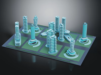 Future Architecture Spiral Design Model Display With Green Base And Blue Modern Structures 3d model