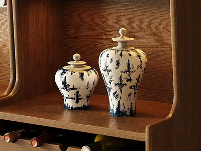 Blue and White Patterned Ceramic Jars on Wooden Shelf with Wine Rack Below 3d model