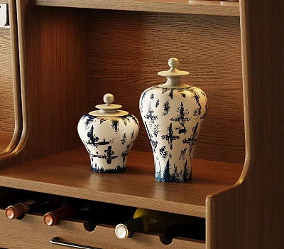 Blue and White Patterned Ceramic Jars on Wooden Shelf with Wine Rack Below 3d model