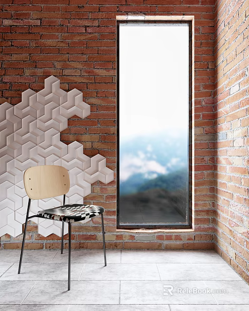 Wooden Backrest Leisure Chair With Checkered Seat By Brick Wall And Mountain View Window 3d model 