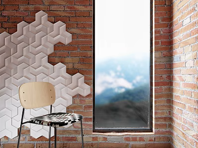 Wooden Backrest Leisure Chair With Checkered Seat By Brick Wall And Mountain View Window 3d model