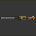 Ornate Fantasy Gun With Orange Wooden Grip Blue Barrel Green Gemstone And Golden Accents