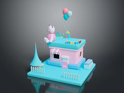 Adorable Pink Cake House With Cat Doll Balloons And White Fence 3d model