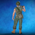Realistic Military Character In Green Uniform With Tactical Vest Holding Rifle Against Blue Background