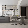 Modern Open Plan Kitchen Dining Area With Marble Countertops Cabinets Dining Table And Pendant Lights 3d model