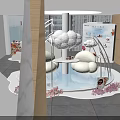 Cloud Themed Never Land Cafe Interior With Cloud Shaped Decor White Sofas And Purple Flowers 3d model