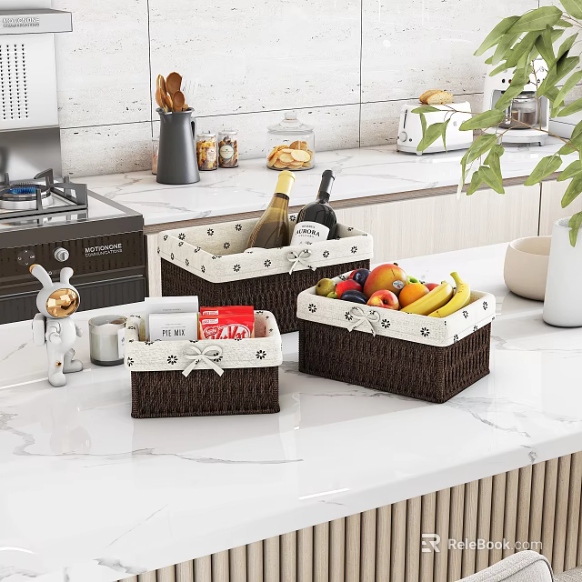 Modern Reception Desk Countertop with Woven Storage Baskets and Fresh Fruits 3d model 