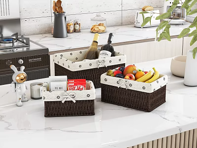 Modern Reception Desk Countertop with Woven Storage Baskets and Fresh Fruits 3d model