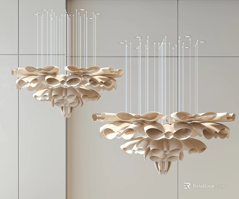 Two Flower Shaped Chandeliers With Petal Like Structure On White Wall Background 3d model
