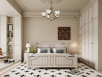 Classic Bedroom Interior Design With White Bed Wooden Nightstands And Patterned Carpet 3d model