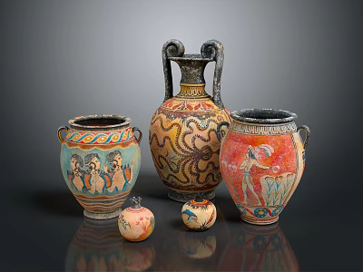 Ancient Painted Pottery Display With Decorative Vases Small Jars And Figurine Patterns 3d model