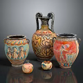 Ancient Painted Pottery Display With Decorative Vases Small Jars And Figurine Patterns 3d model