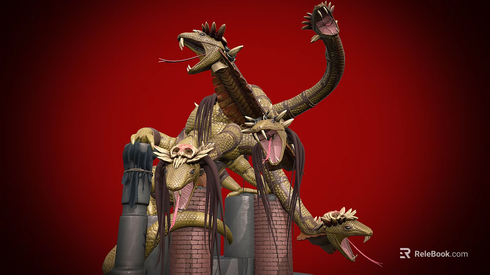 Golden Multi Headed Dragon Sculpture On Red Background With Tower Structure And Decorative Head Details 3d model 