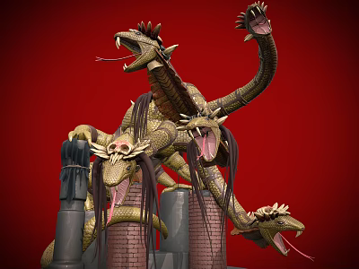 Golden Multi Headed Dragon Sculpture On Red Background With Tower Structure And Decorative Head Details 3d model