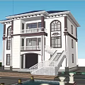 Two Story Detached Villa With White Exterior Blue Roof Front Balcony Staircase And Mountain View