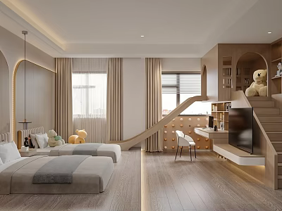 Warm Kids Room Interior Design With Slide Beds Bookshelves Teddy Bear And TV 3d model
