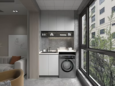 Modern Home Balcony With Cabinets Sink Washing Machine And Large Windows 3d model