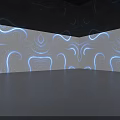 Futuristic Tech Exhibition Hall With Blue Glowing Curves Dark Floor And Flowing Light Effects