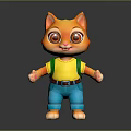 3D Orange Cartoon Cat Character With Big Eyes Yellow T-shirt Green Suspenders Blue Pants Standing